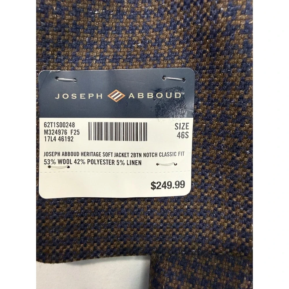 Joseph Abboud Heritage Soft Jacket 46S Navy Brown Houndstooth Wool /Linen Blazer